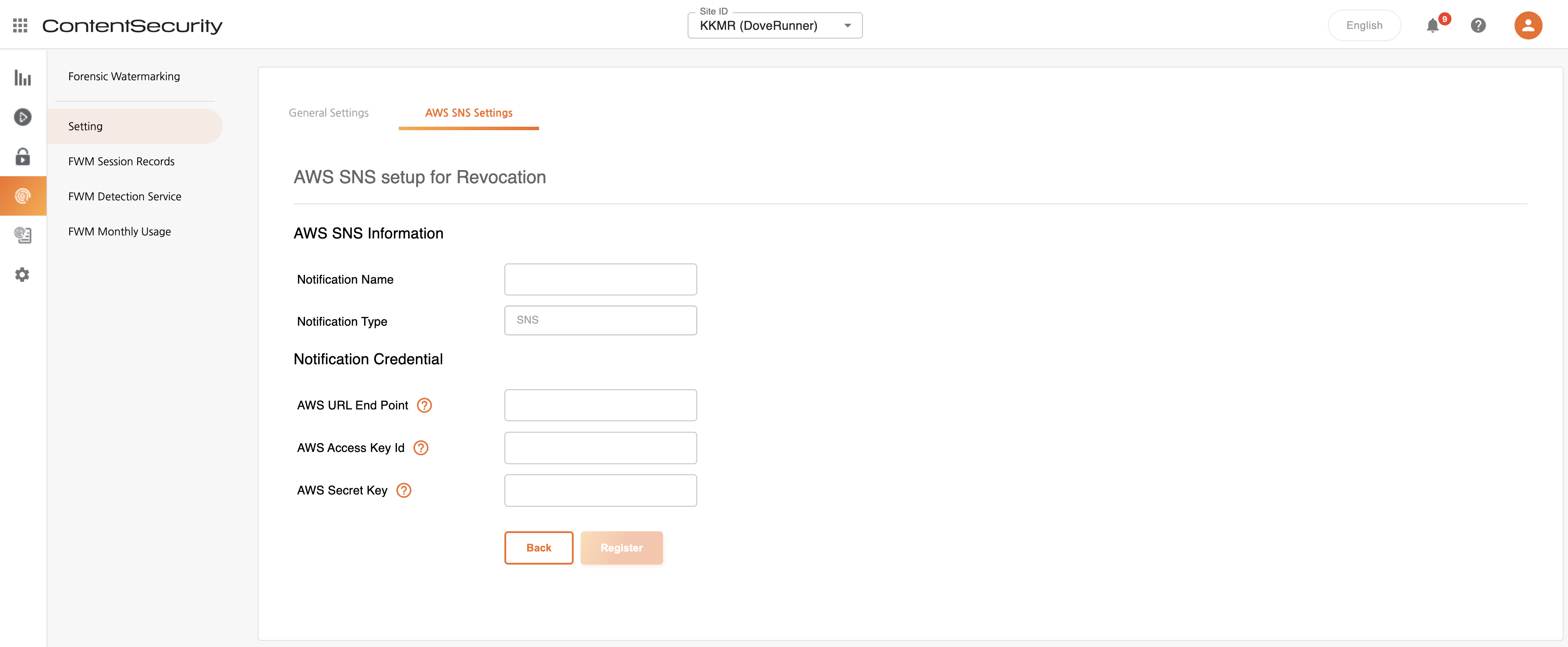 DoveRunner Console SNS Setting Page